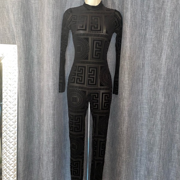 Pants - Black Geometric Patterned Jumpsuit